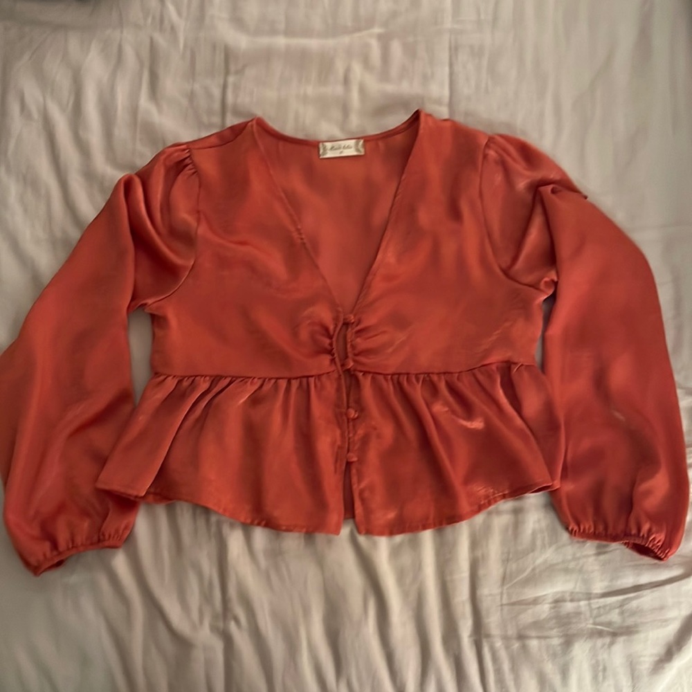 Altar’d State Coral Pink Longe Sleeve Peplum Crop Top — Medium - Picture 1 of 2